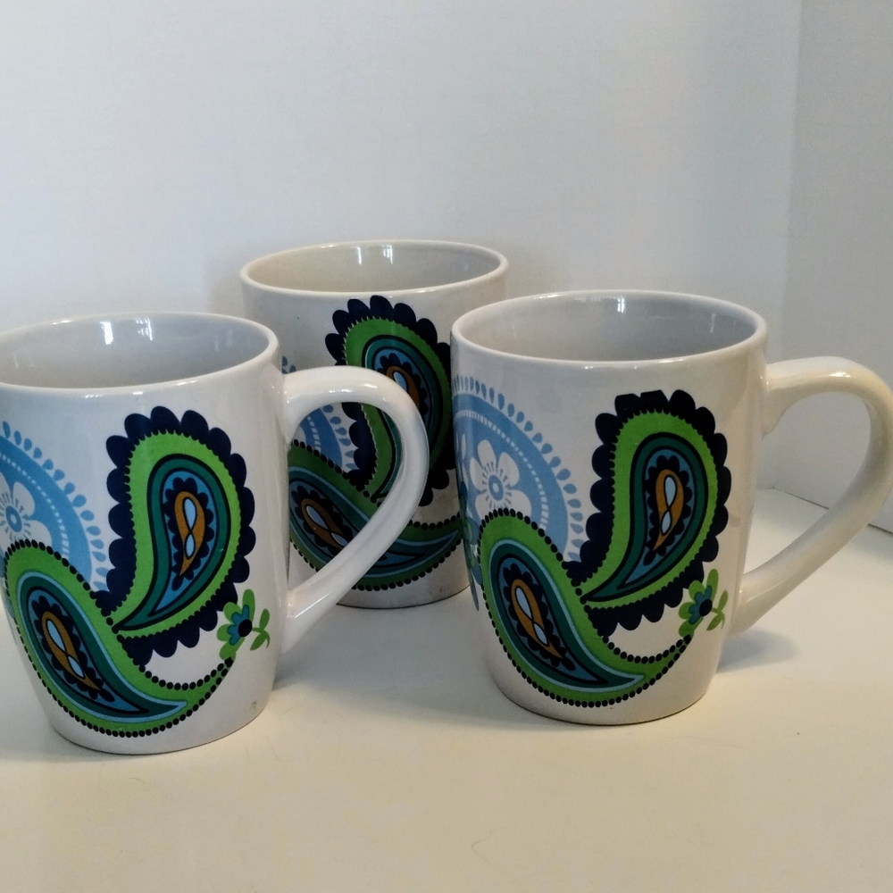 3 Royal Norfolk Paisley Design Coffee/Tea mugs 12 oz Beautiful Blues and Greens